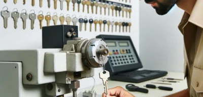 DALL·E 2024-06-09 22.53.04 - A professional locksmith shop with a key duplication machine. The machine is actively copying a key, with the original key inserted and a blank key be