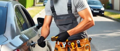 DALL·E 2024-06-14 01.14.19 - A locksmith opening a car door using professional tools. The locksmith is wearing a uniform and standing next to a modern sed
