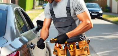 DALL·E 2024-06-14 01.14.19 - A locksmith opening a car door using professional tools. The locksmith is wearing a uniform and standing next to a modern sed