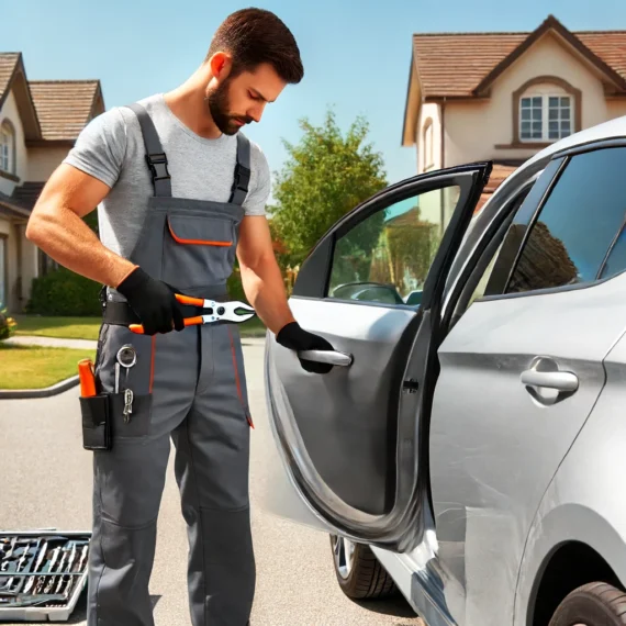 DALL·E 2024-06-14 01.14.49 - A locksmith opening a car door using professional tools. The locksmith is wearing a uniform and standing next to a modern sed